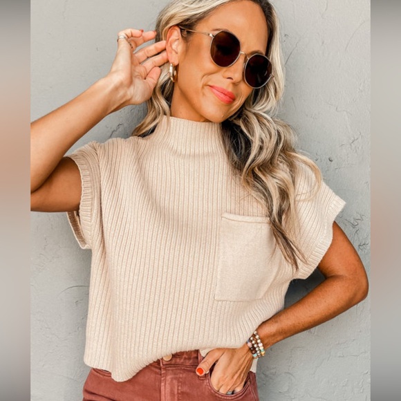 Oatmeal Tan Ribbed Short Sleeve Ribbed Lightweight Sweater Top, High Collar - Picture 2 of 10